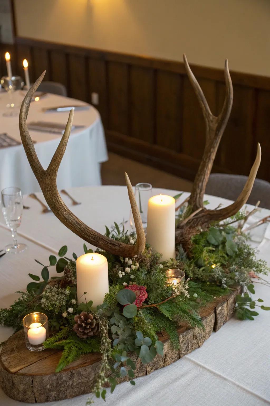 A festive dining scene is created by a rustic table centerpiece consisting of deer antlers, candles, and foliage.