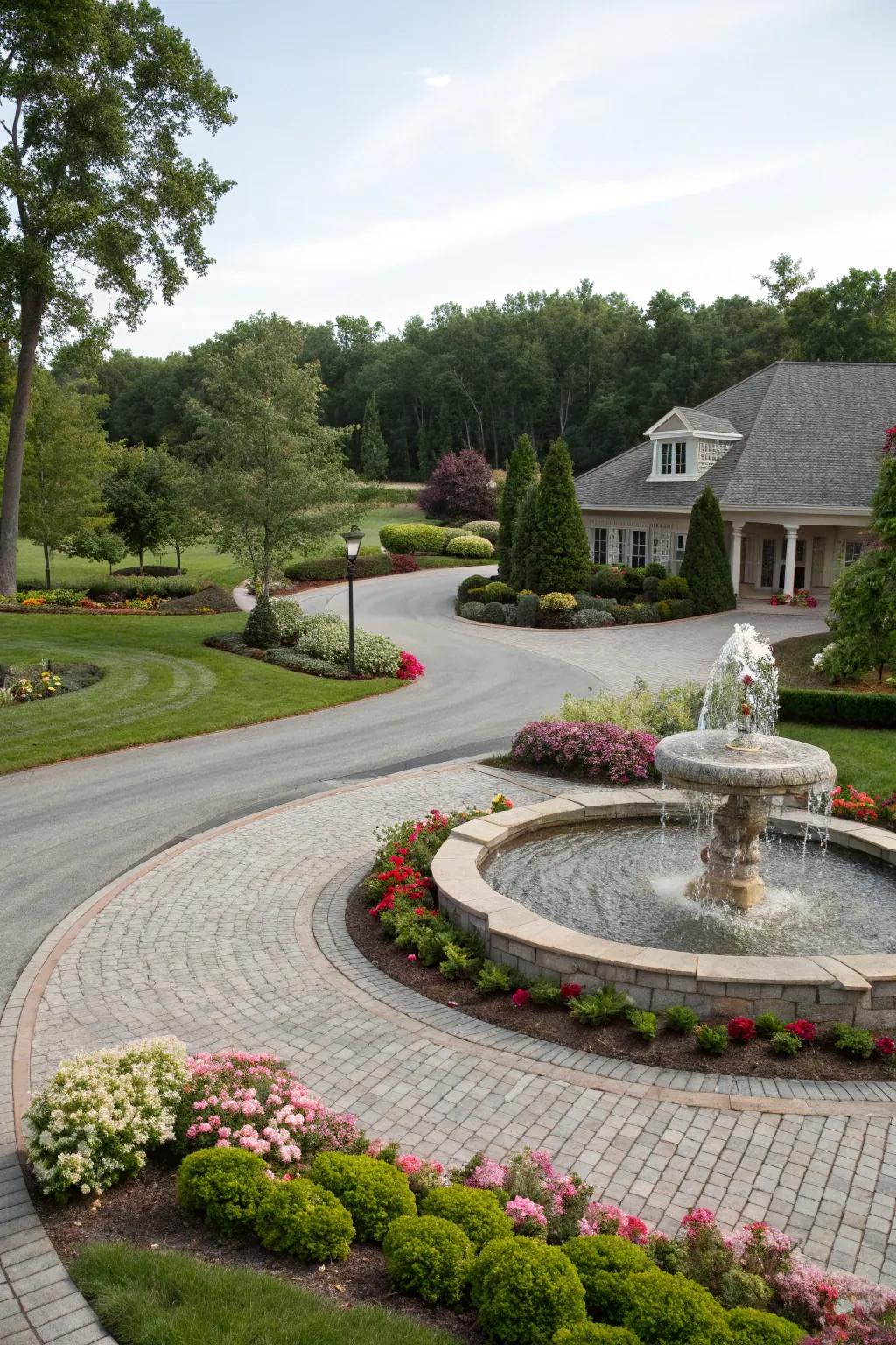 A serene water feature introduces a sense of calm to this exquisitely landscaped driveway.