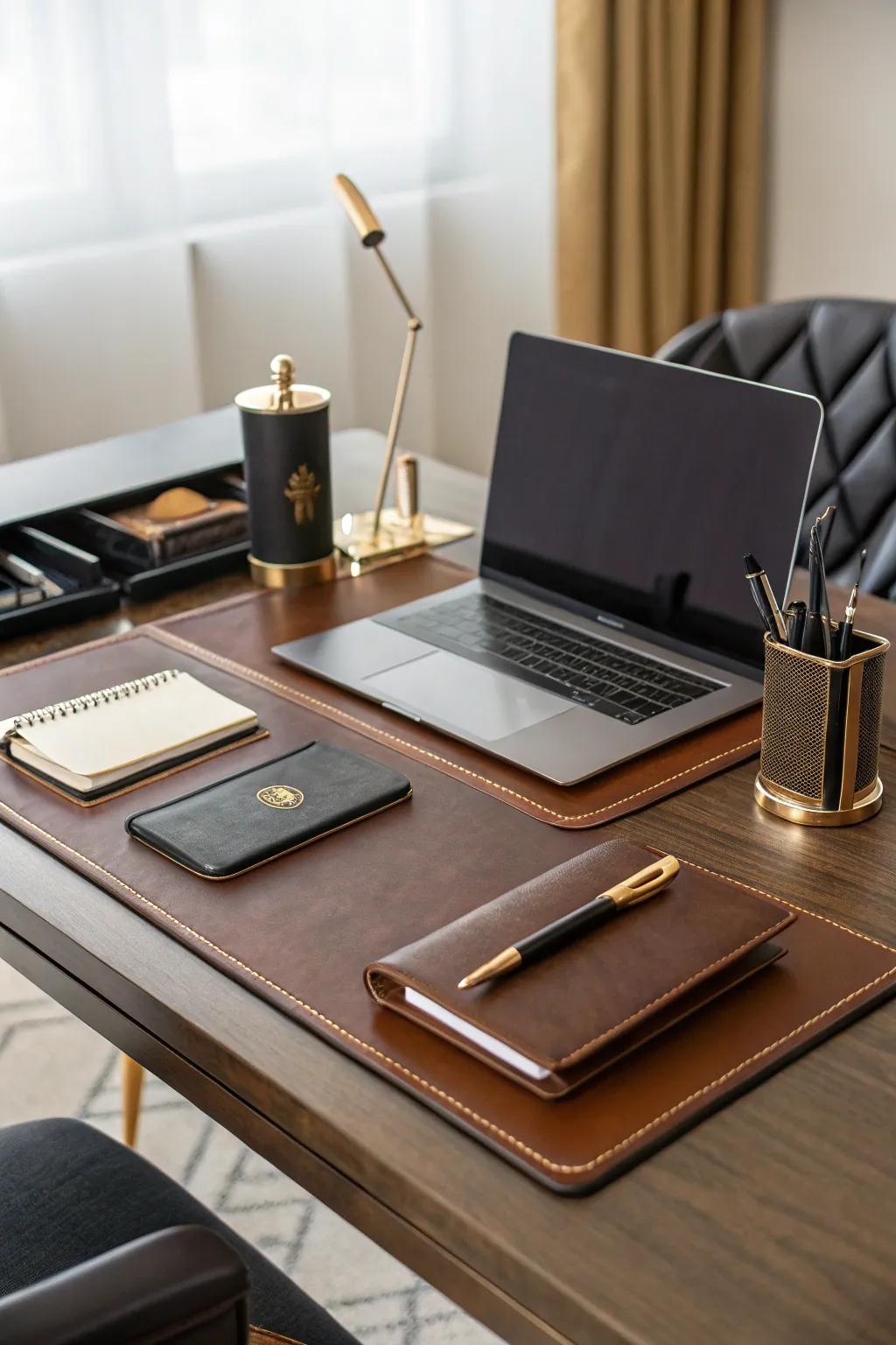 A leather desk mat adds sophistication and style.