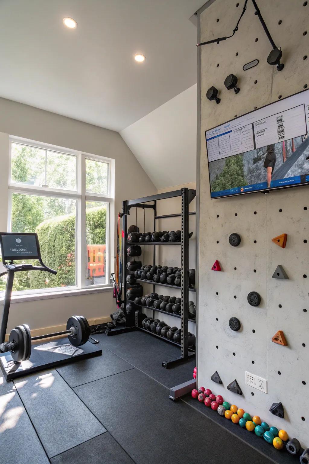 A home gym with exciting things like a climbing wall, offering fun and difficult workouts.