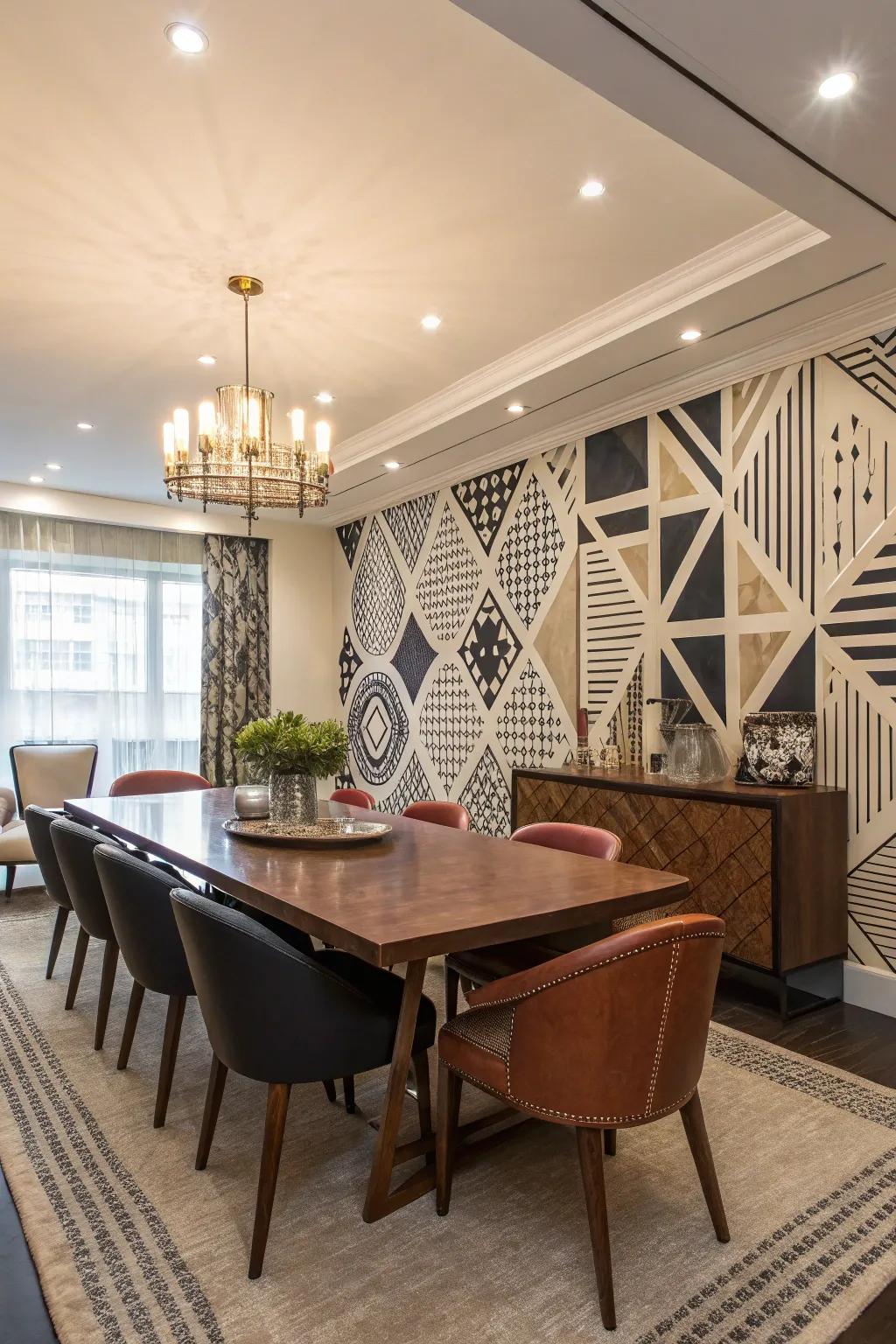 Geometric patterns bring modern drama to dining walls.