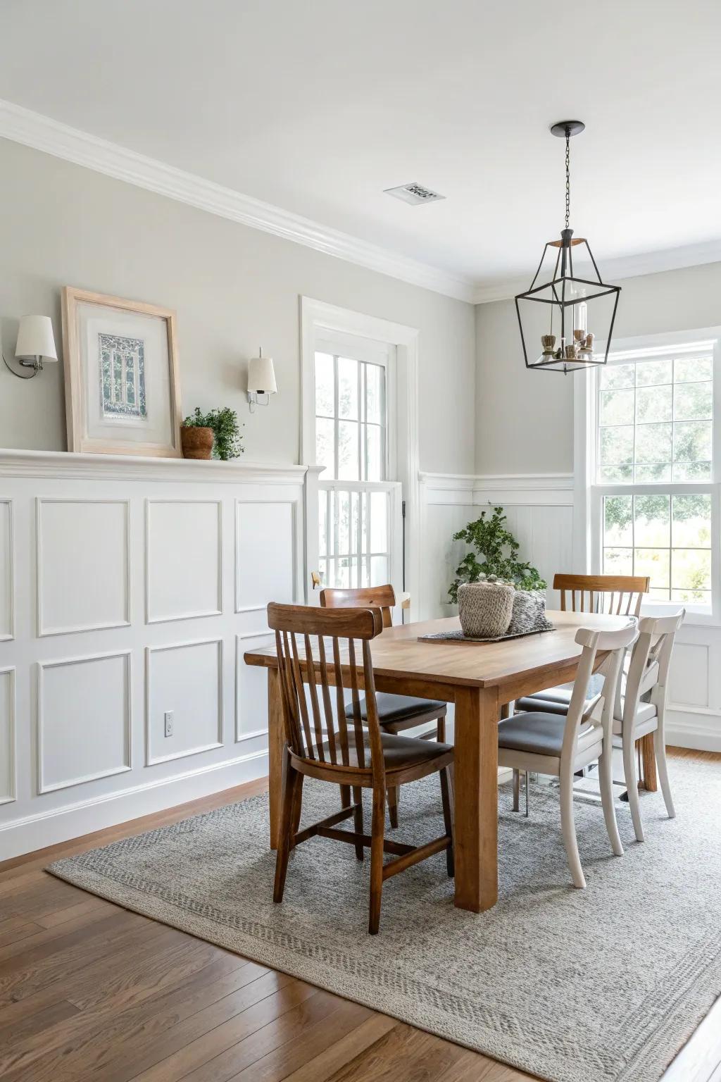 Crisp white paint creates an airy and open dining space.
