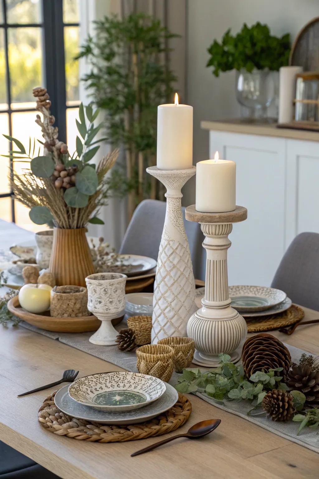 A dining table displaying decor items with diverse heights.