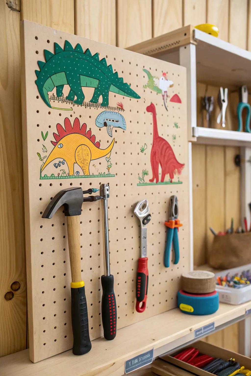 A lizard-themed pegboard keeping tools organized.