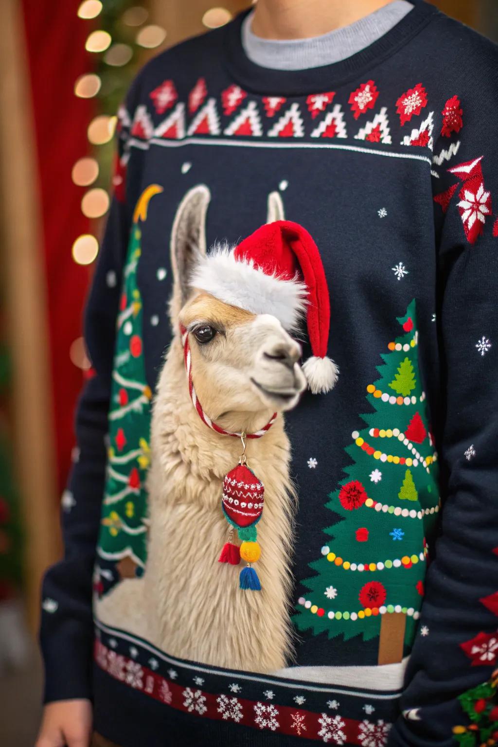 A festive alpaca adds a quirky touch to the holiday style.