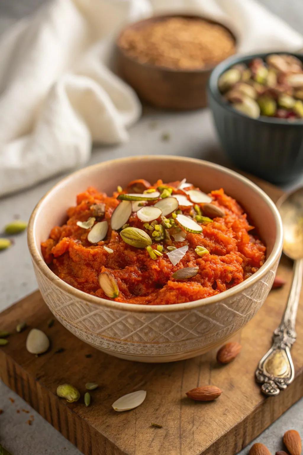 Traditional carrot sweet pudding, a lavish and comforting delight.