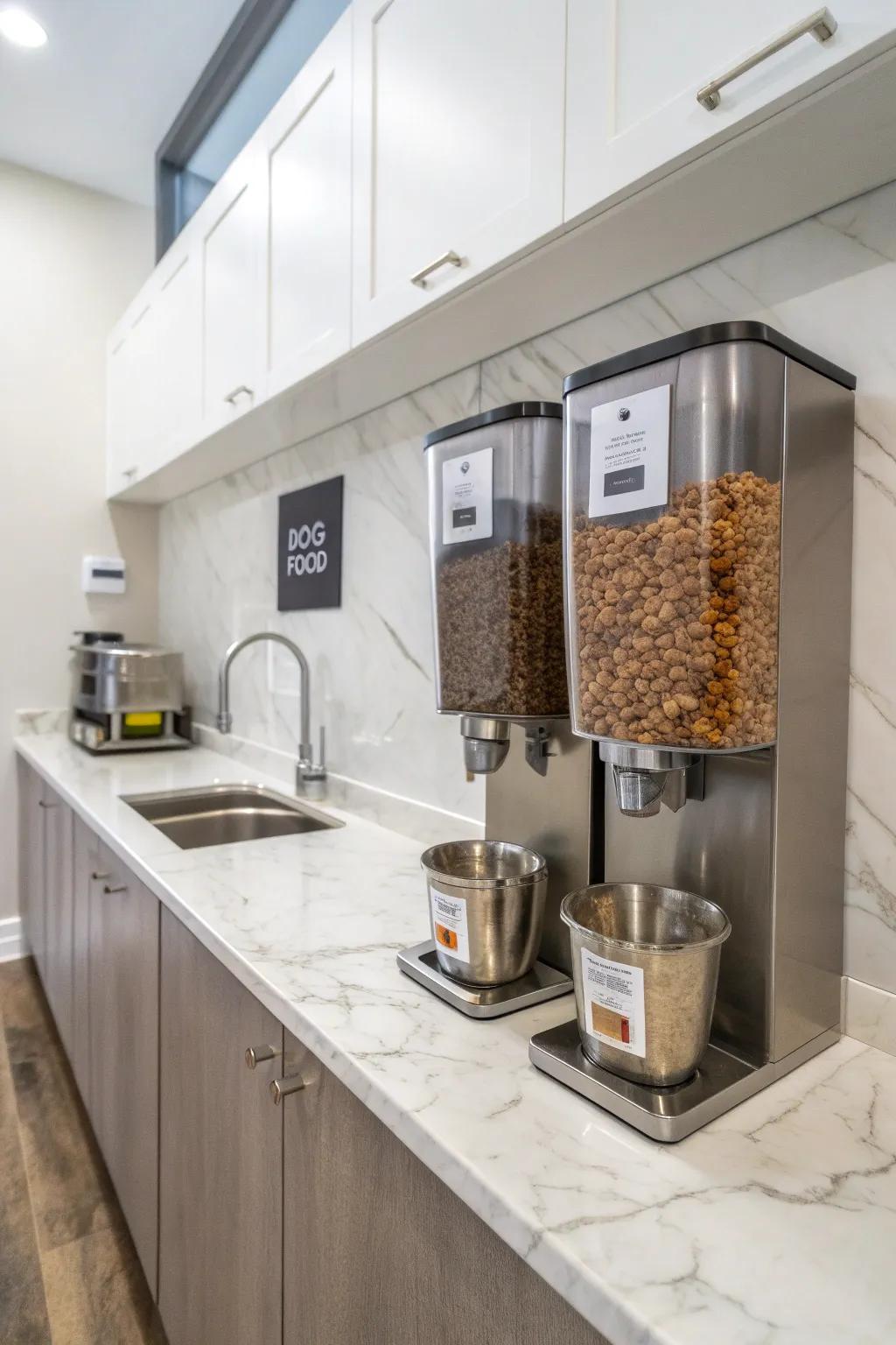 Wall-mounted dispensers offer a sleek, modern strategy for dog food storage.