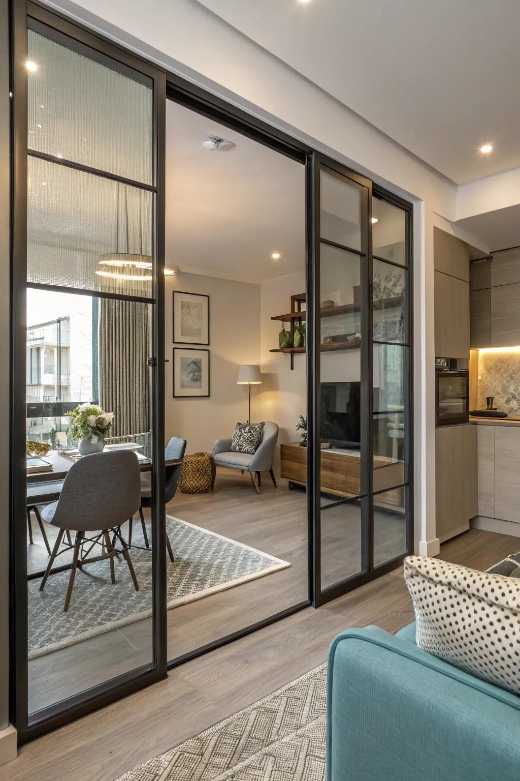 Tinted glass doors elevate the modern aesthetic of this chic studio apartment.