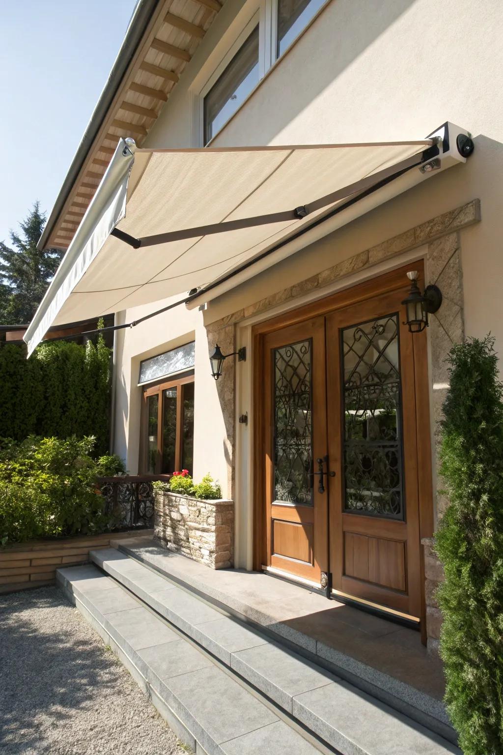 A moving shade in action over a sunny entrance.