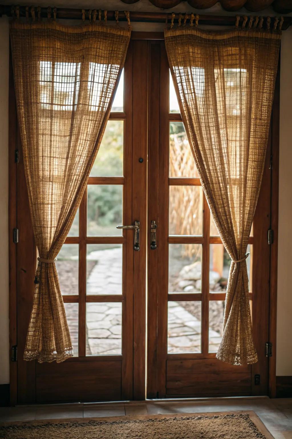 Interwoven timber drapery brings organic beauty and seclusion to door windows.