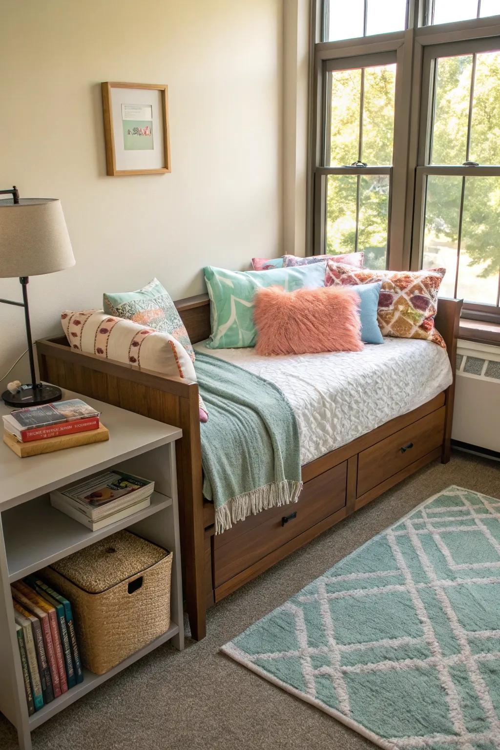 A daybed pulls double duty as a sofa and a bed in this dorm room.