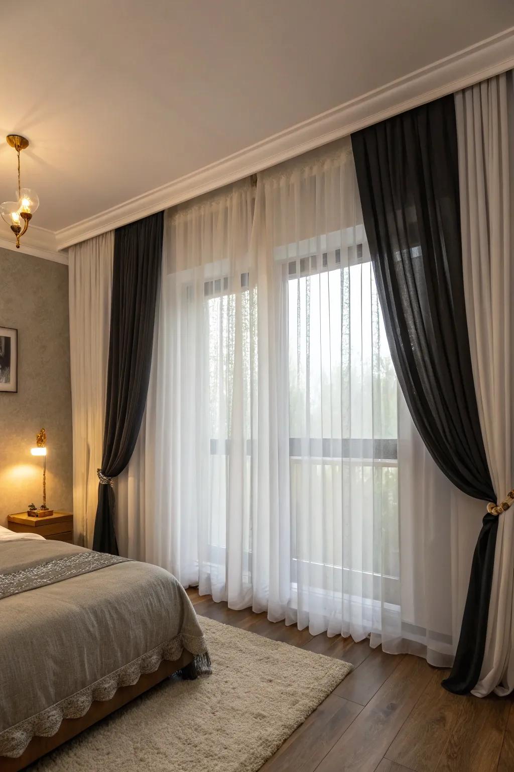 Light-blocking layers provide privacy and light management in this peaceful bedroom.