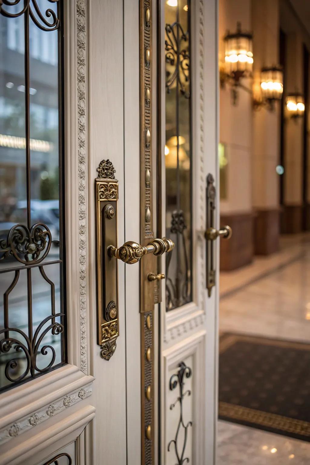 Sophisticated metallic hardware that elevates the door’s design.