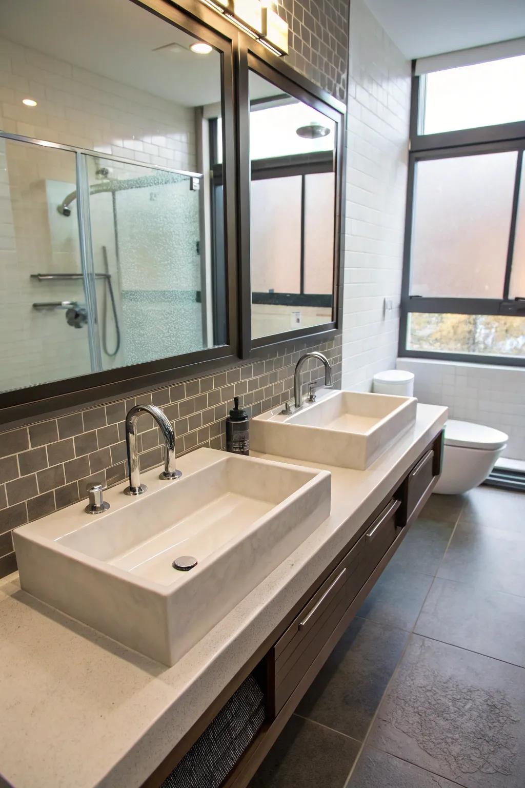 A modern extended sink with double faucets makes a bold statement.