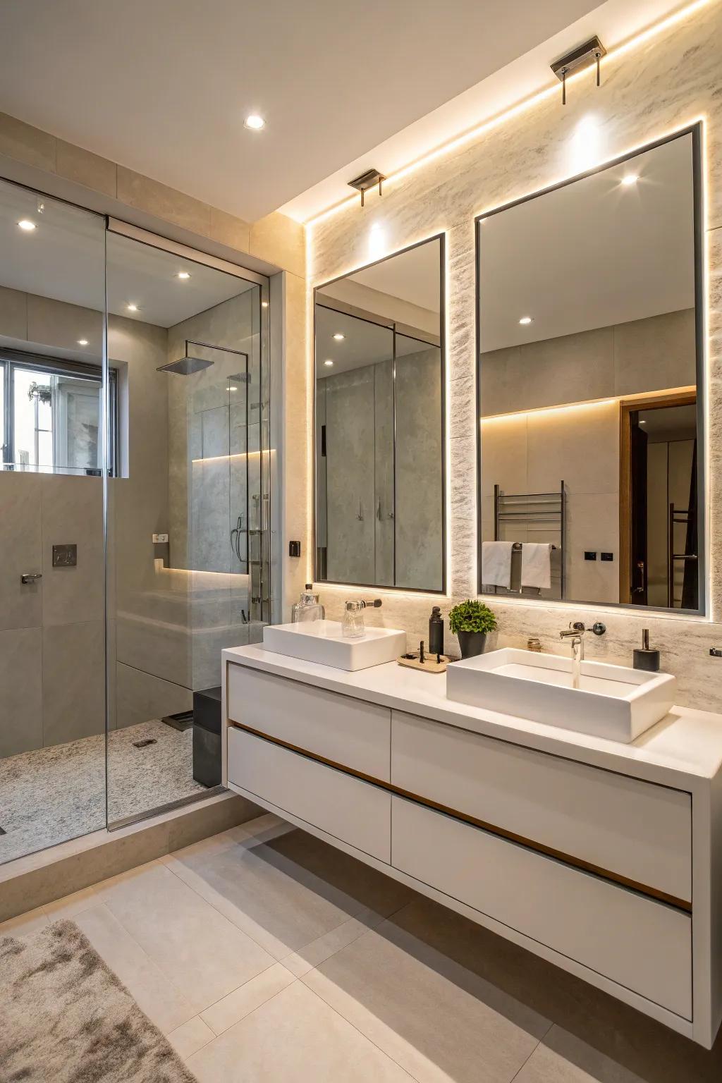 Floating vanities offer a sleek and spacious feel.