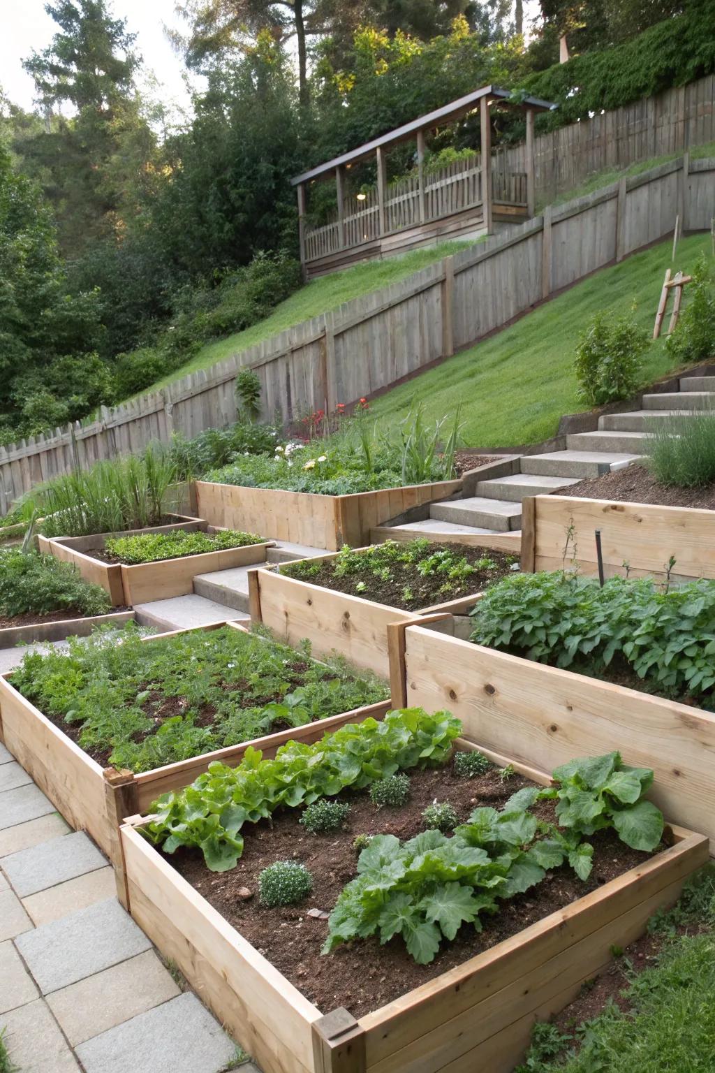 A veggie section on a slope proffers fresh produce and efficient utilization of space.