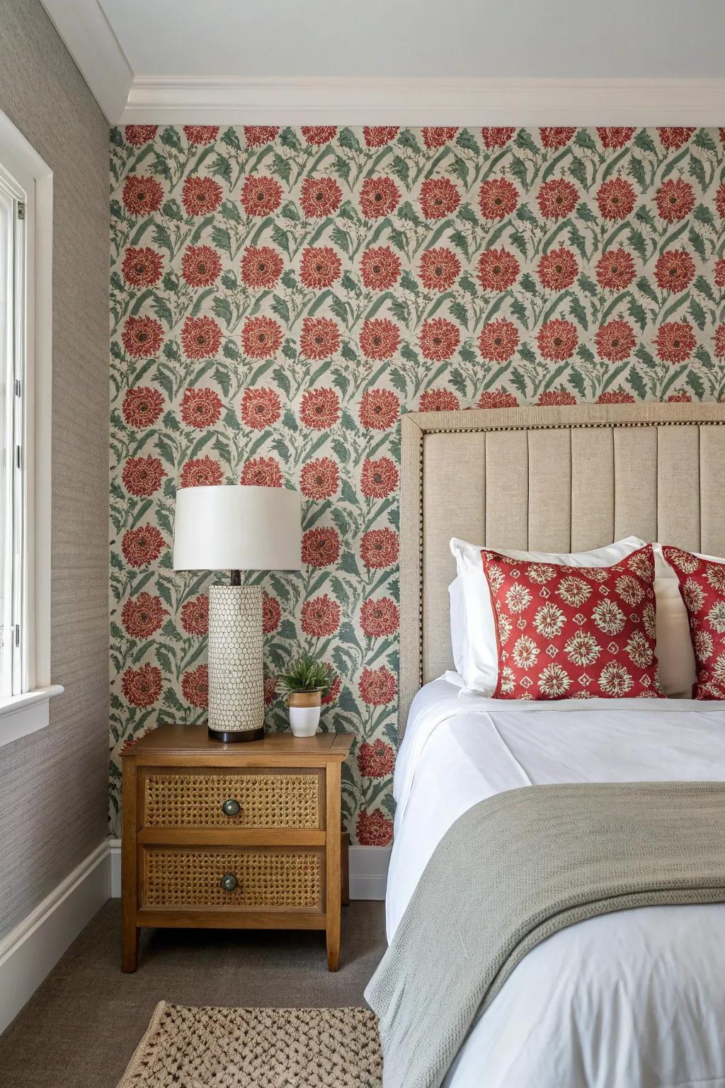 A bedroom wall decorated with bold stick-on wall covering.