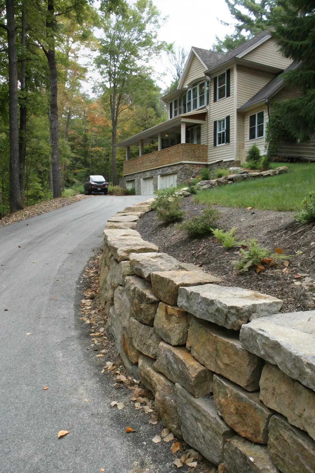 A stone wall-preserving injects rustic appeal into the berm.