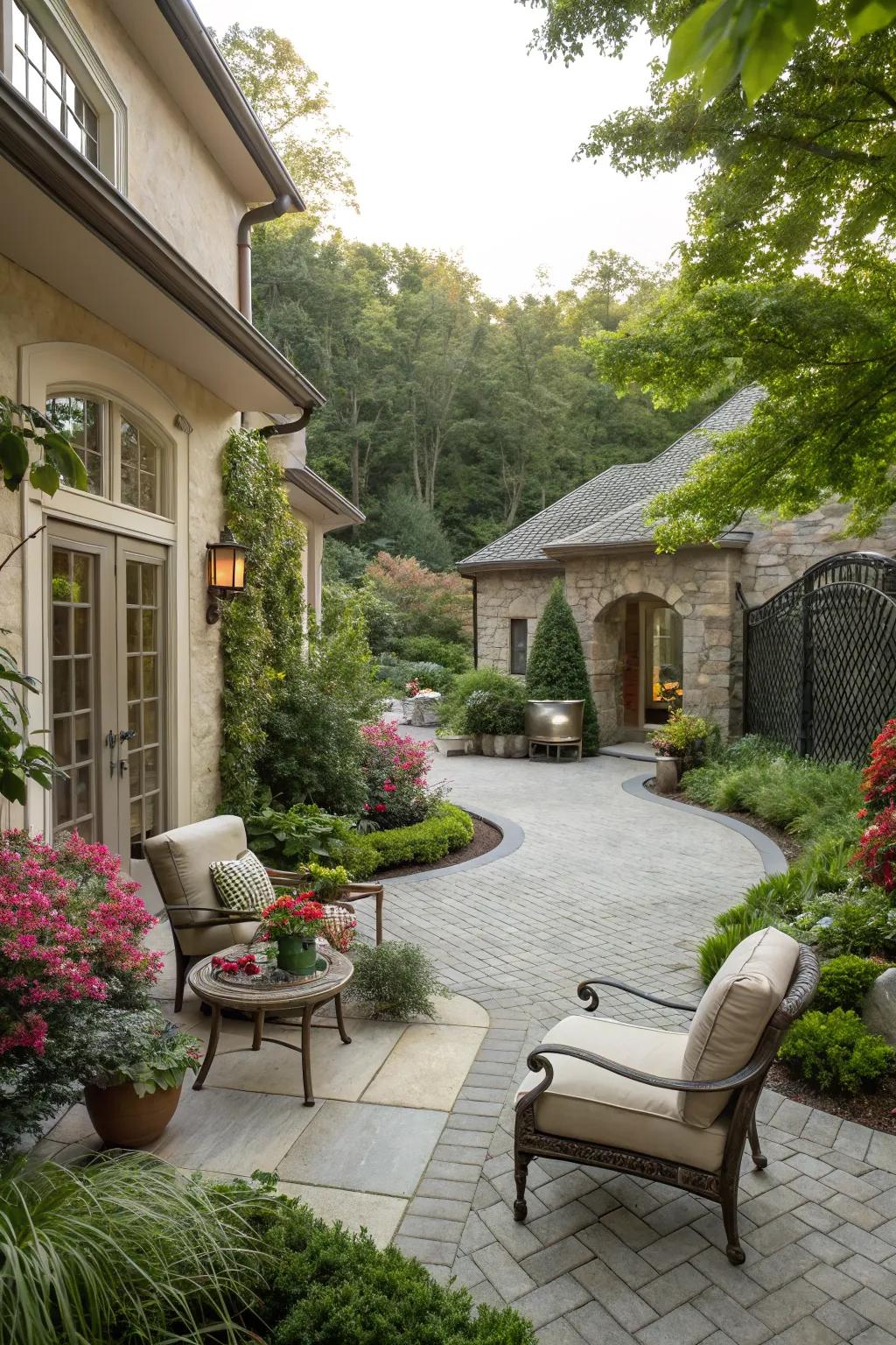 A creative courtyard driveway concept with relaxation areas.