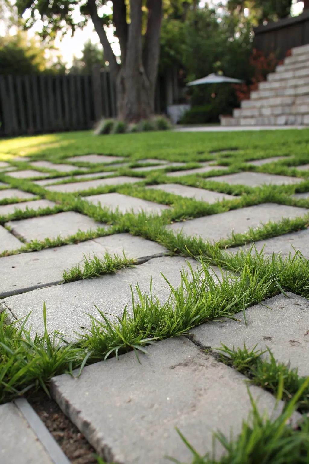 Pavers melded with grass for a harmonious aesthetic.