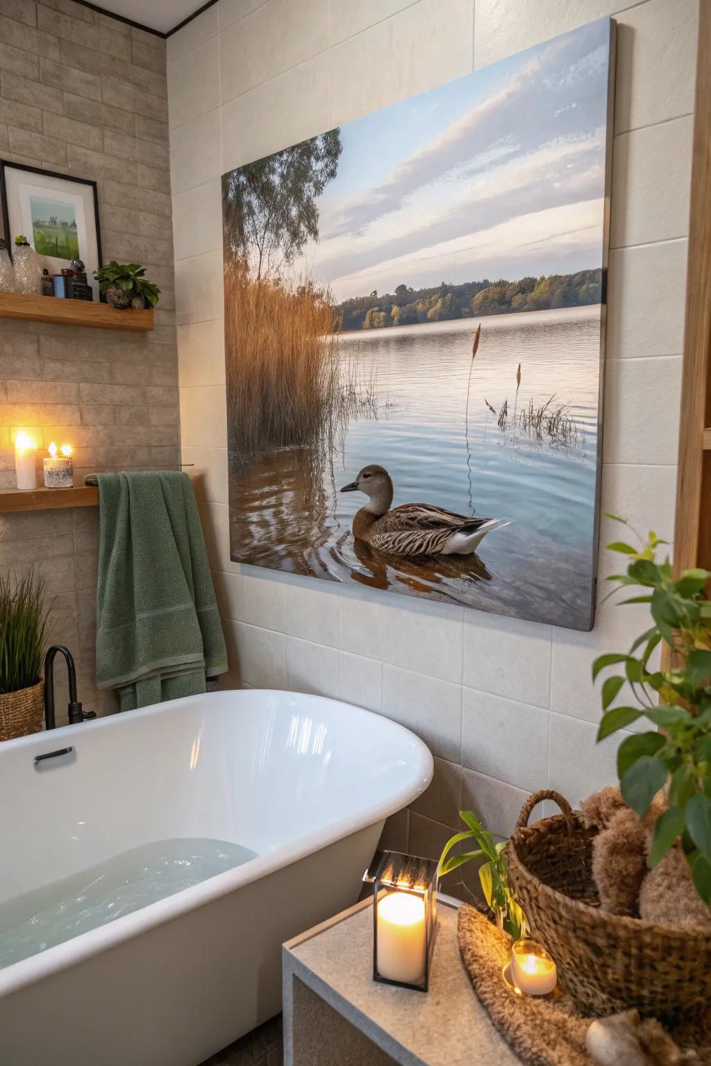 A lakeside waterfowl art piece introduces tranquility to your space.