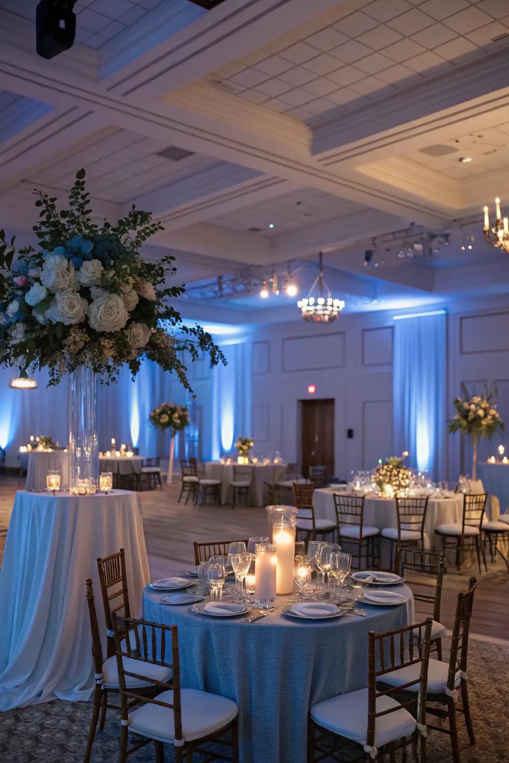 A celebration space transformed by the gentle glow of sky blue illumination, establishing a romantic mood.