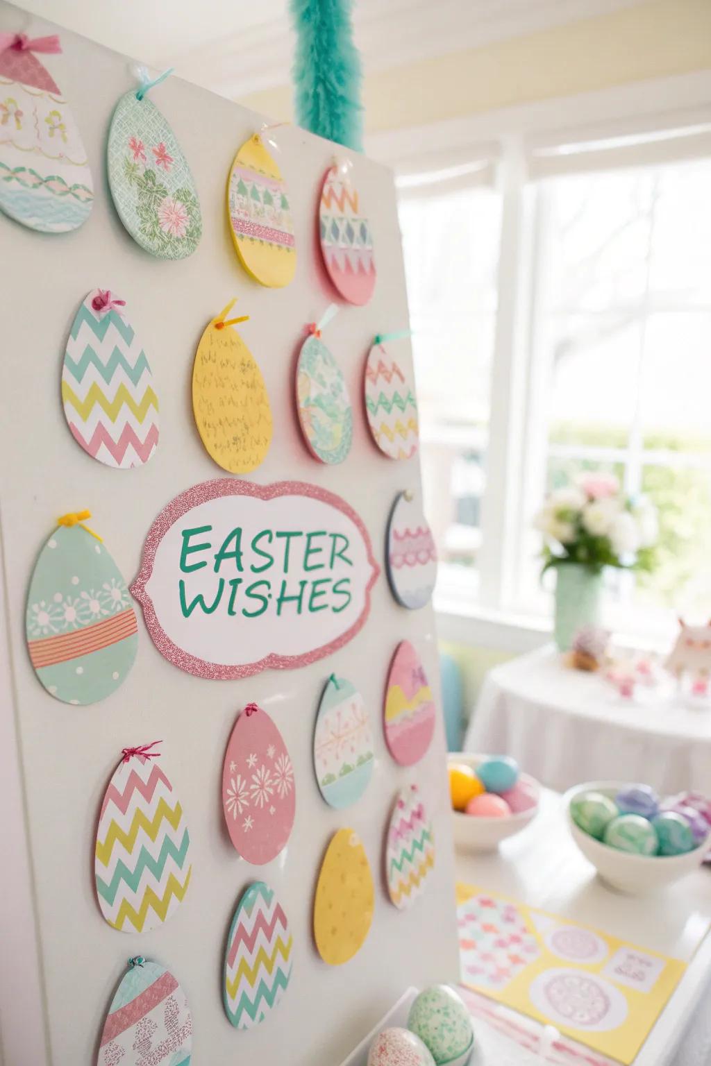 Easter wishes displayed on paper eggs creating a communal space.