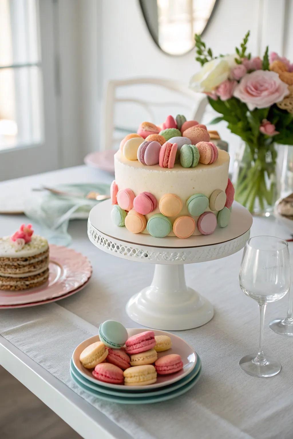 Mini macarons add a Parisian flair to this Easter cake.