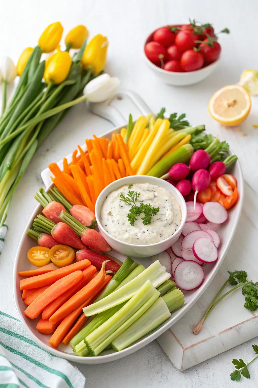 A revitalizing spring veggie crudité array to enrich your Easter feast.