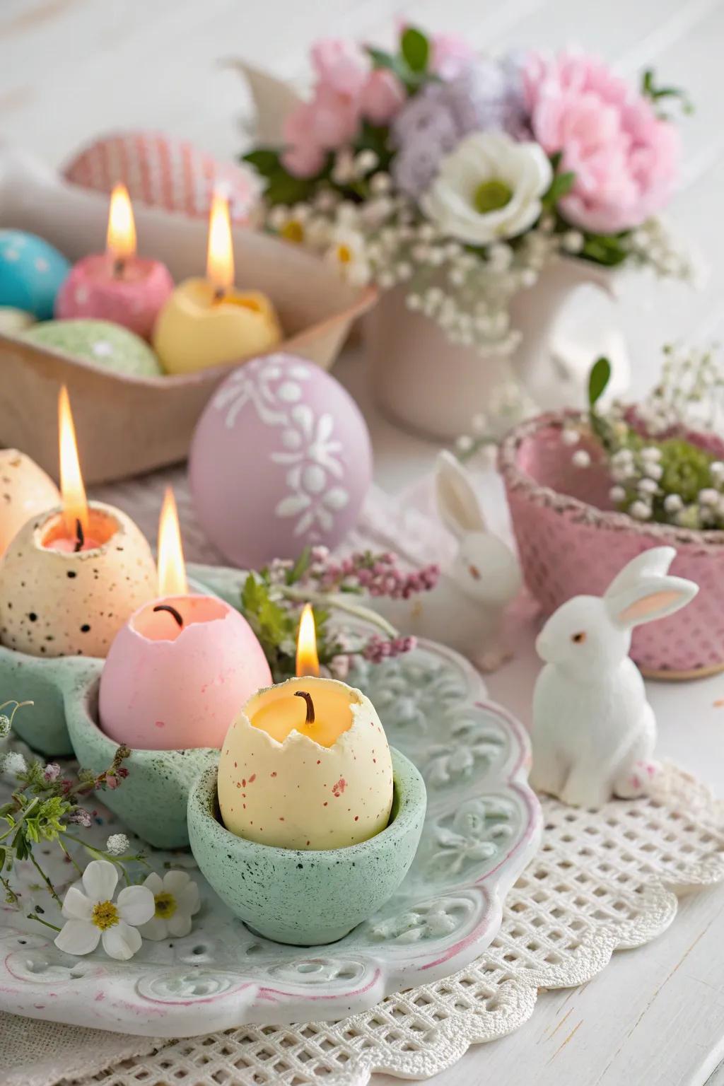 Eggshell candles add a unique and cozy touch to the Easter table.