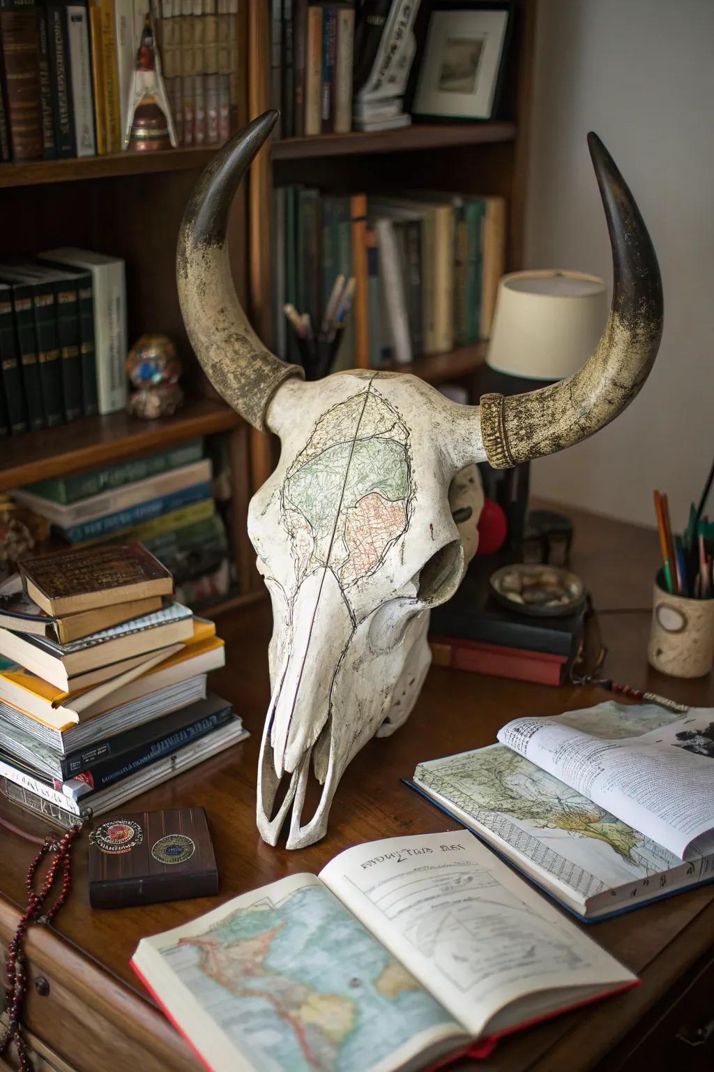 Antique cartographies infuse an adventurous impression into cranium art.
