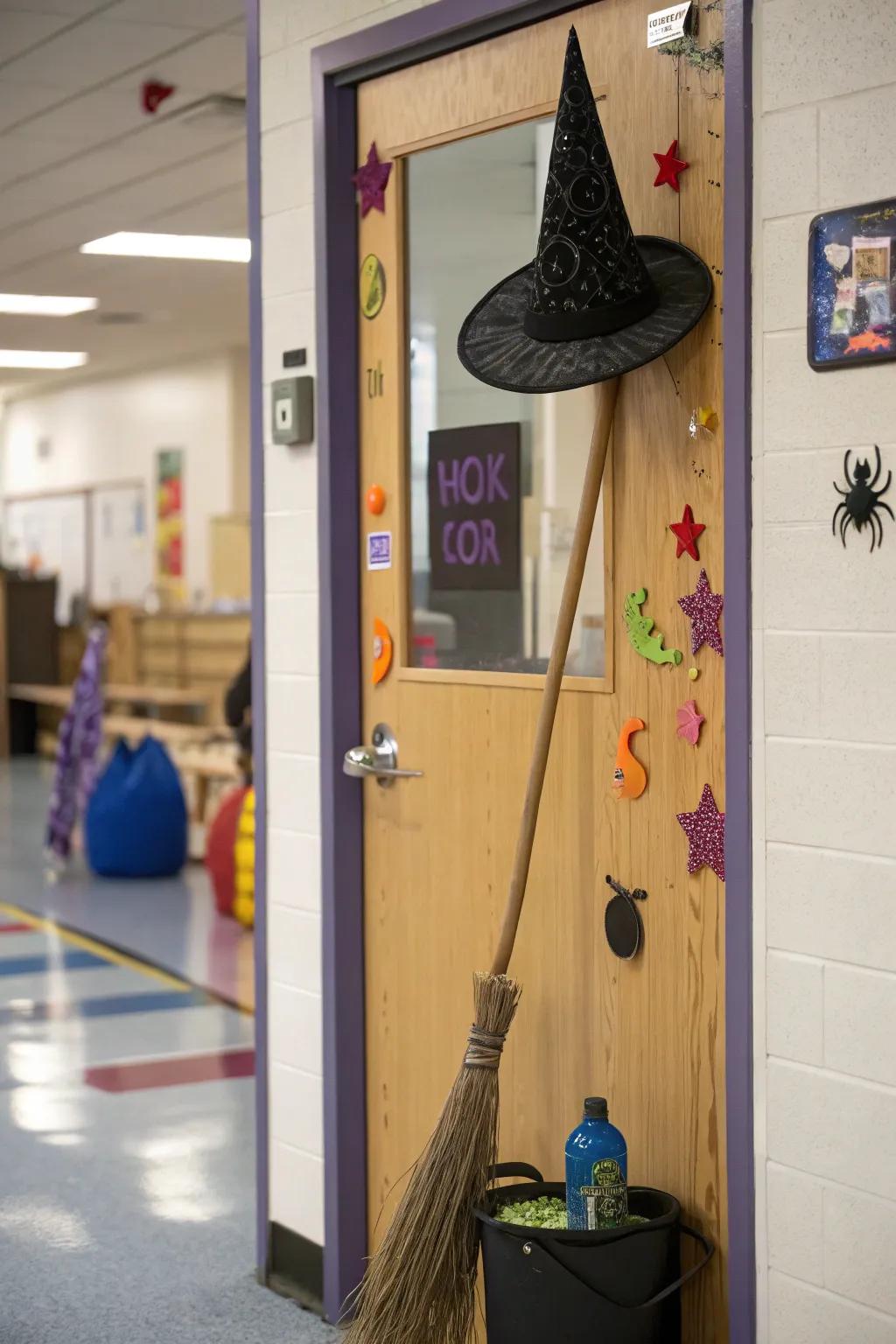 A witch-themed door adds spooky charm to the classroom.