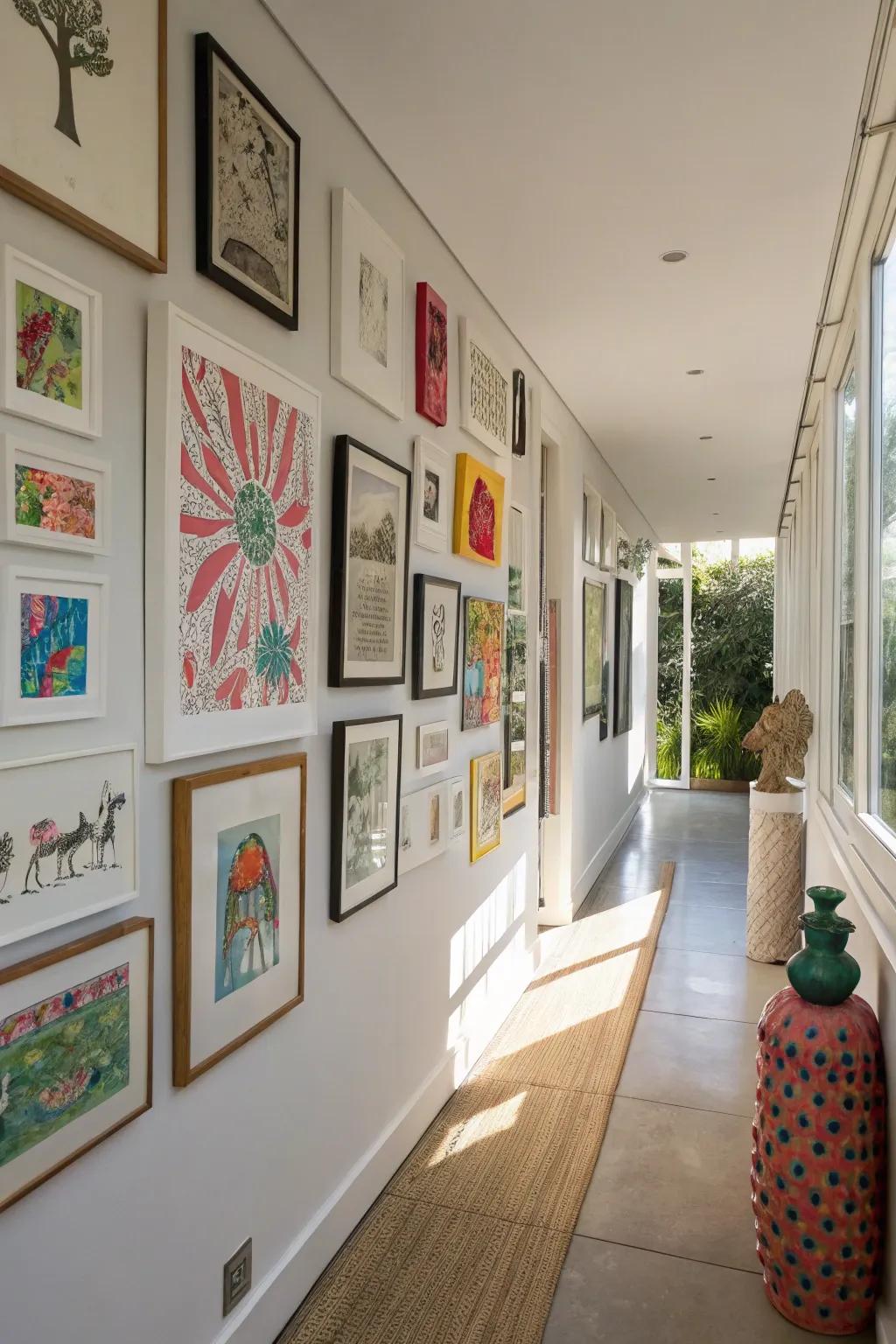 A gallery wall showcasing a mix of vintage and modern art.