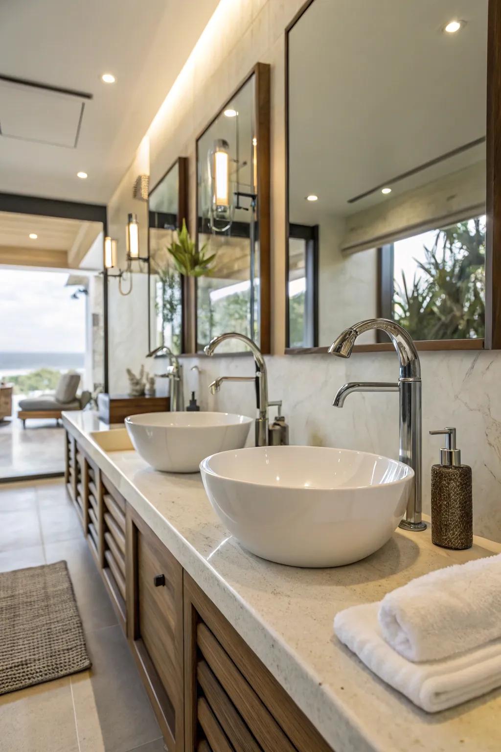 A contemporary bathroom equipped with sleek, efficient water outlets.