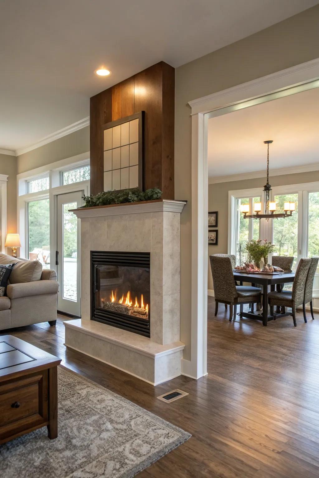 A see-through fireplace delivering warmth and style throughout spaces.
