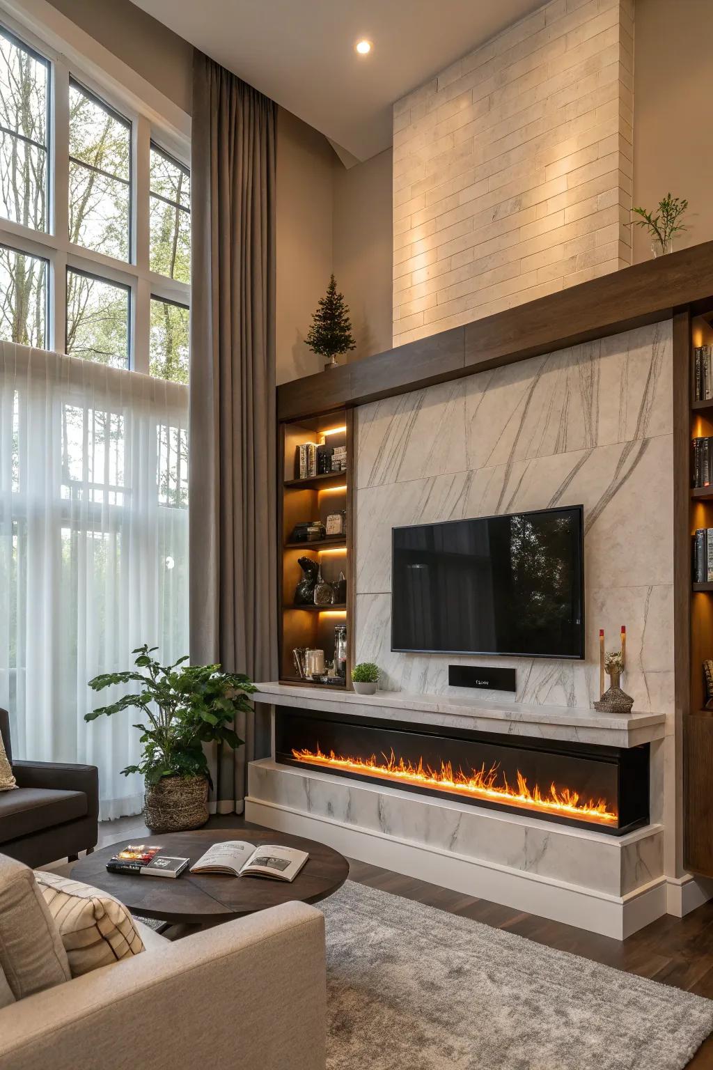 A custom built-in design seamlessly integrates the electric fireplace.