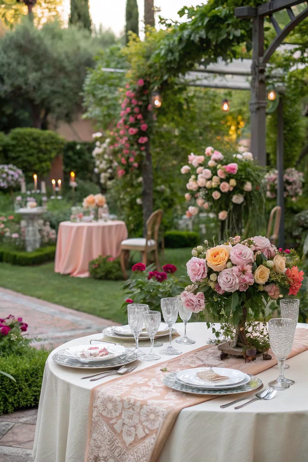 Elegant garden party arrangement with natural elements.