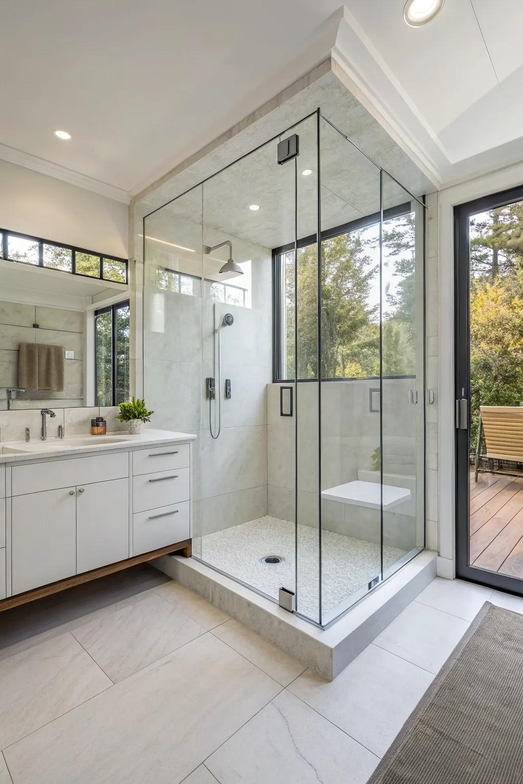 Unframed glass showers heighten the openness of this elegant bathroom.