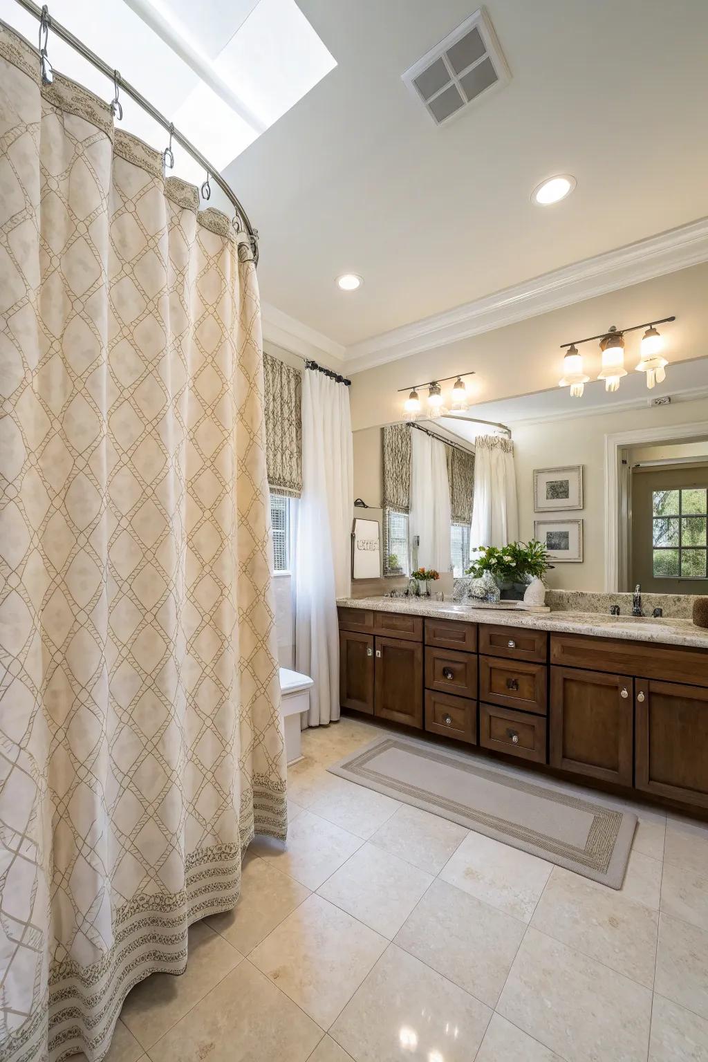 A top-to-bottom shower curtain enhances the height and sophistication of the bathroom.