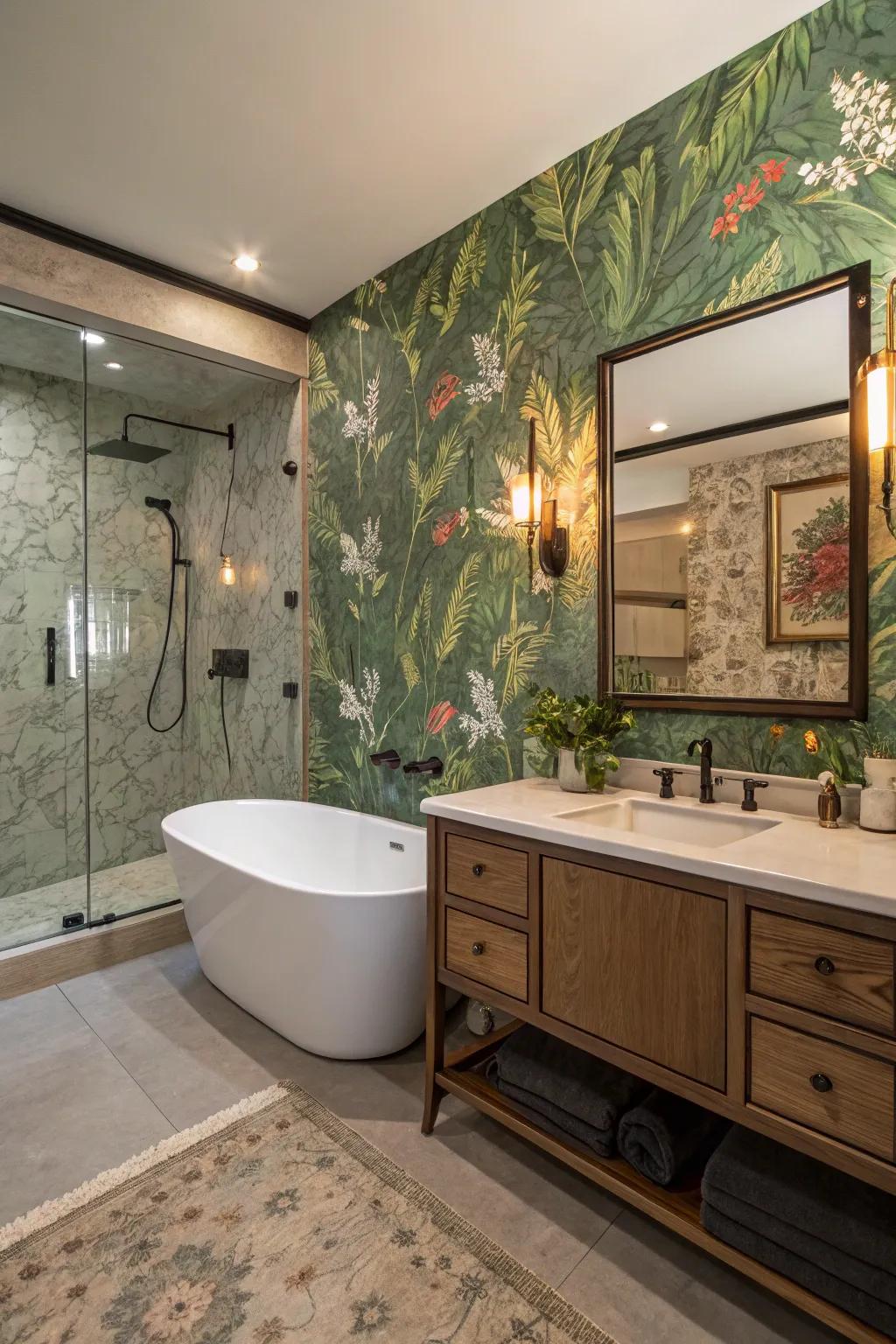 A captivating botanical wallpaper designing a serene hideaway.