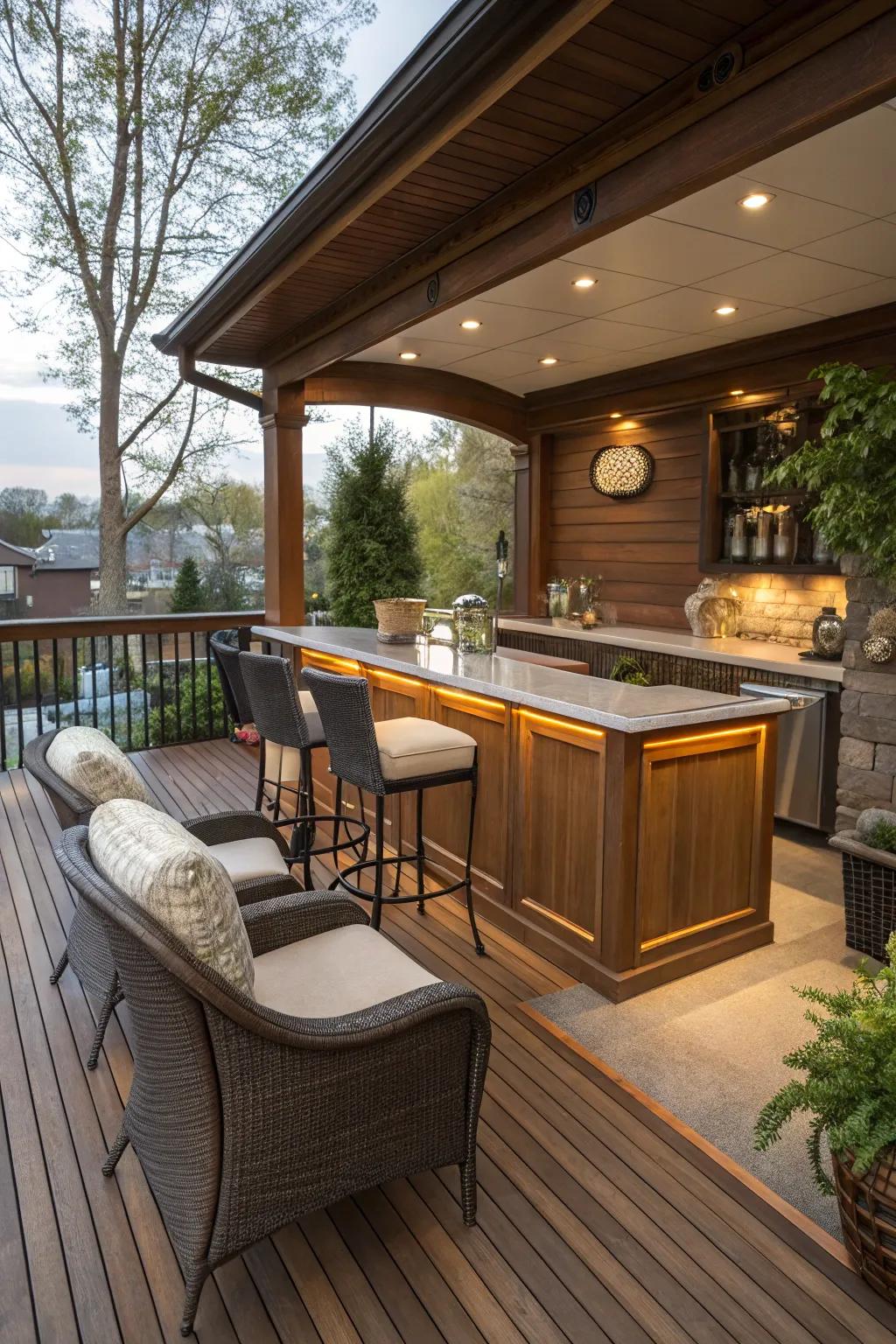 A stylish, custom-built bar that adds class to this sheltered deck.