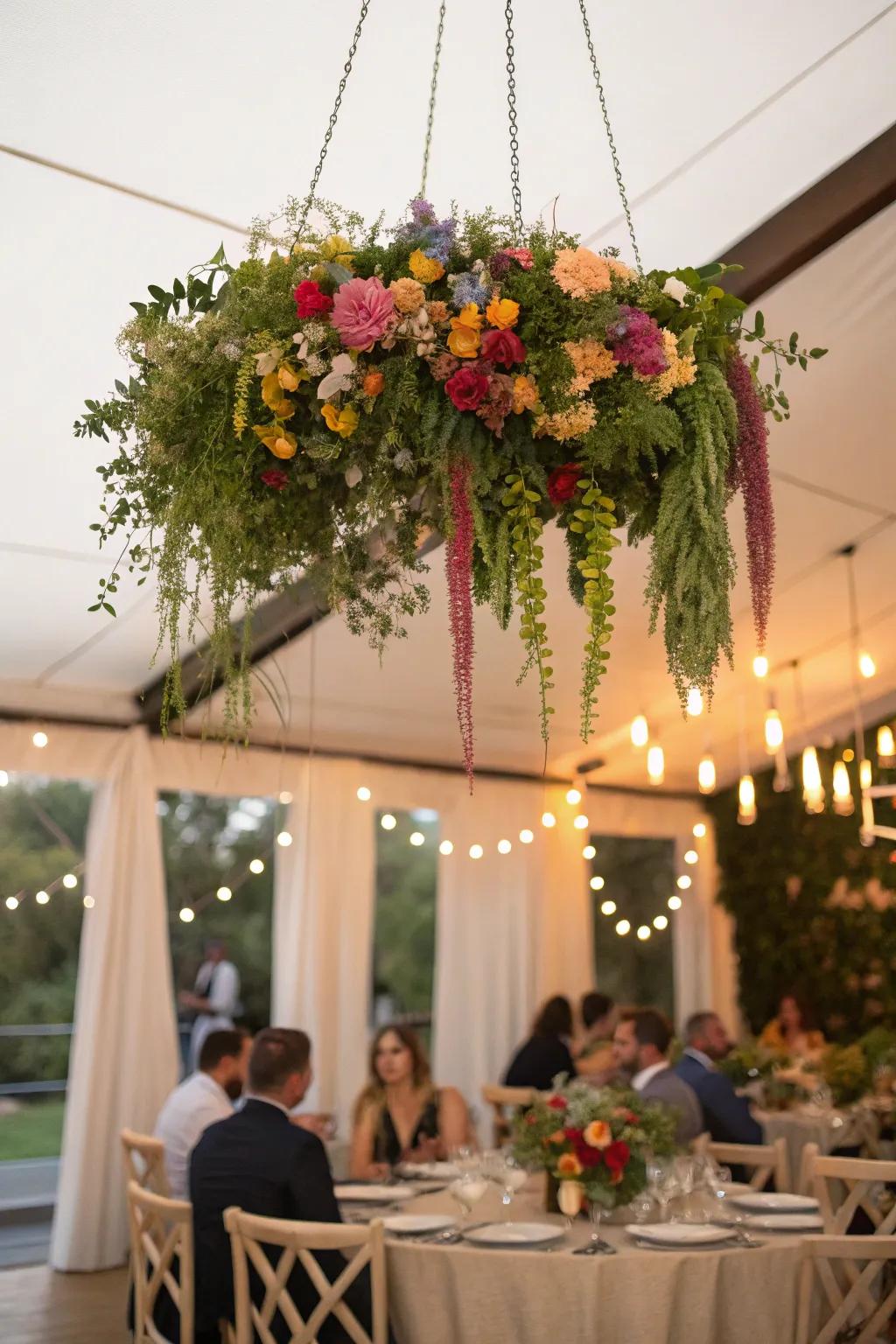 A striking hanging floral installation serving as a captivating centerpiece.