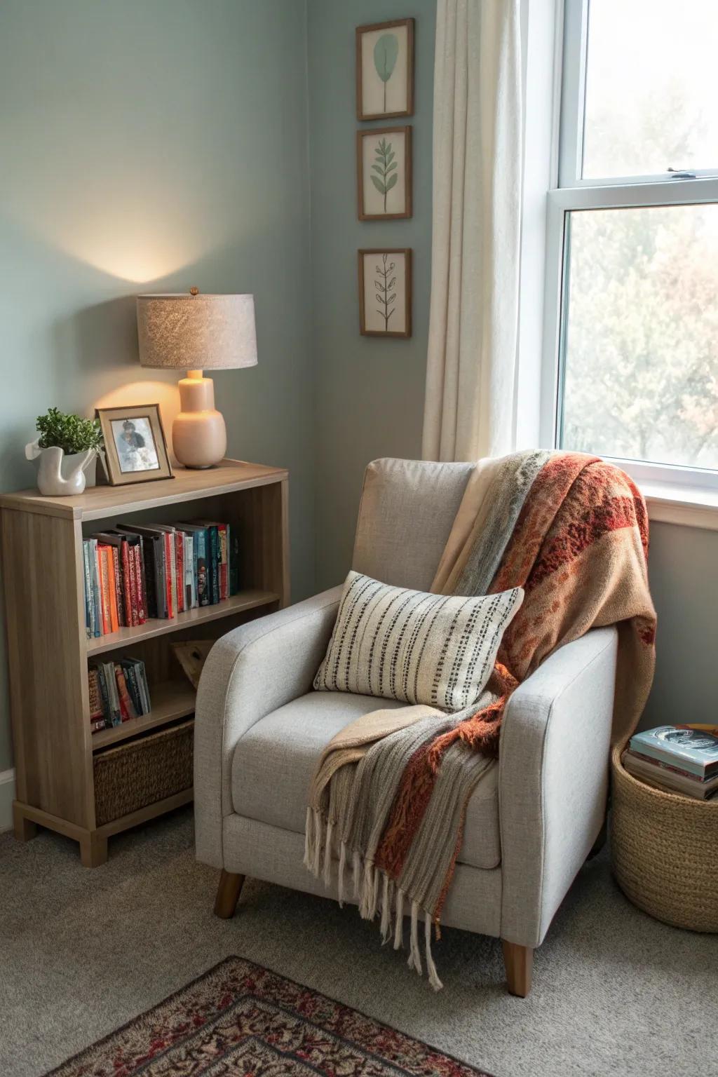 A reading nook offers a personal retreat.