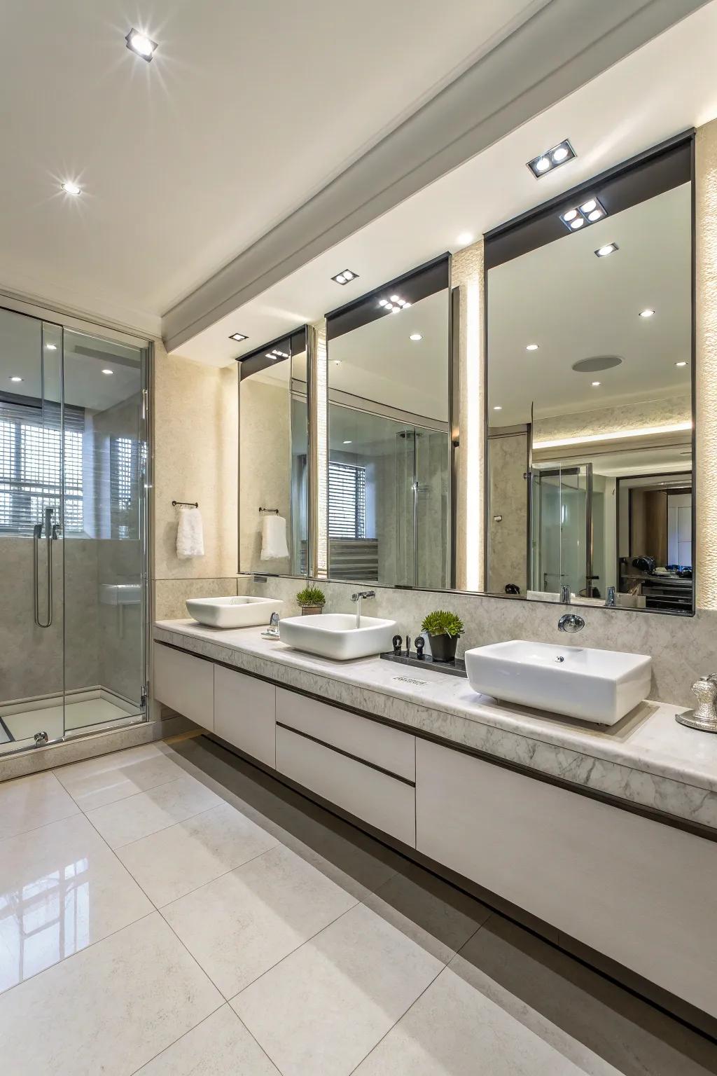 Reflective surfaces enhance light and space in this elegant ensuite.