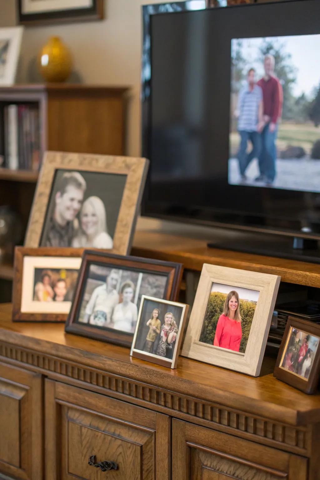 A range of family portraits brings a sense of personal charm to this entertainment location.