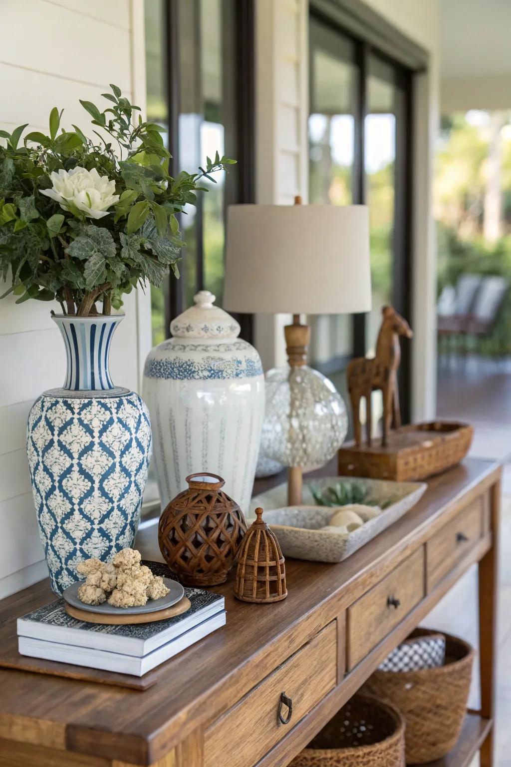 Mix materials for an eclectic and harmonious entryway display.