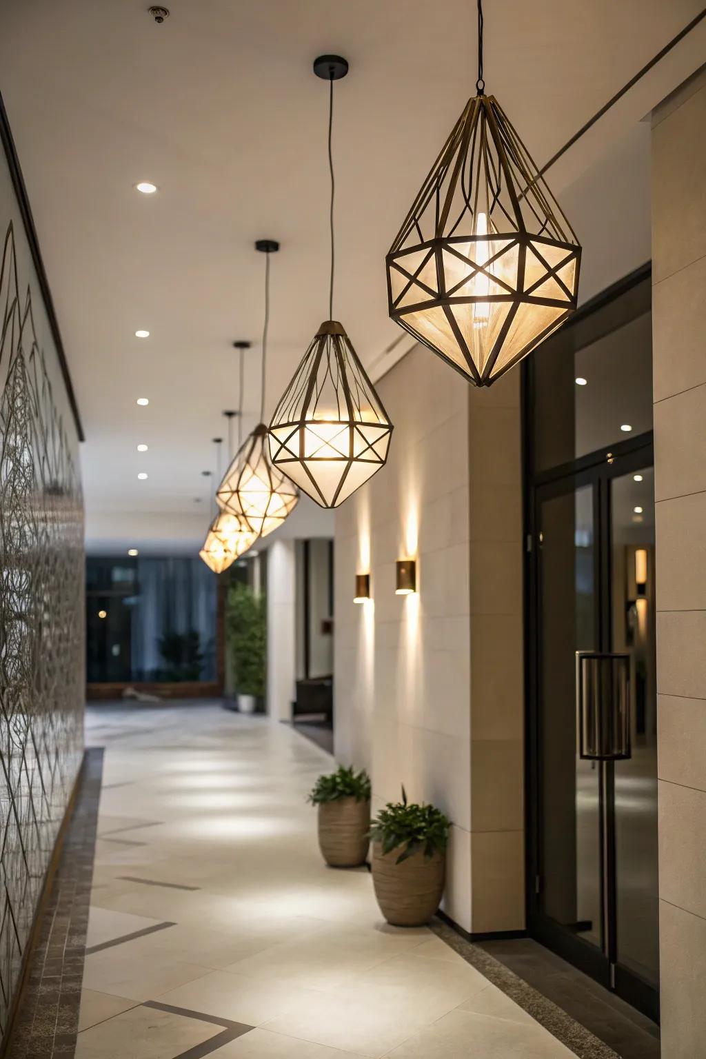 Lighting fixtures with unexpected shapes add a playful touch to this entryway.