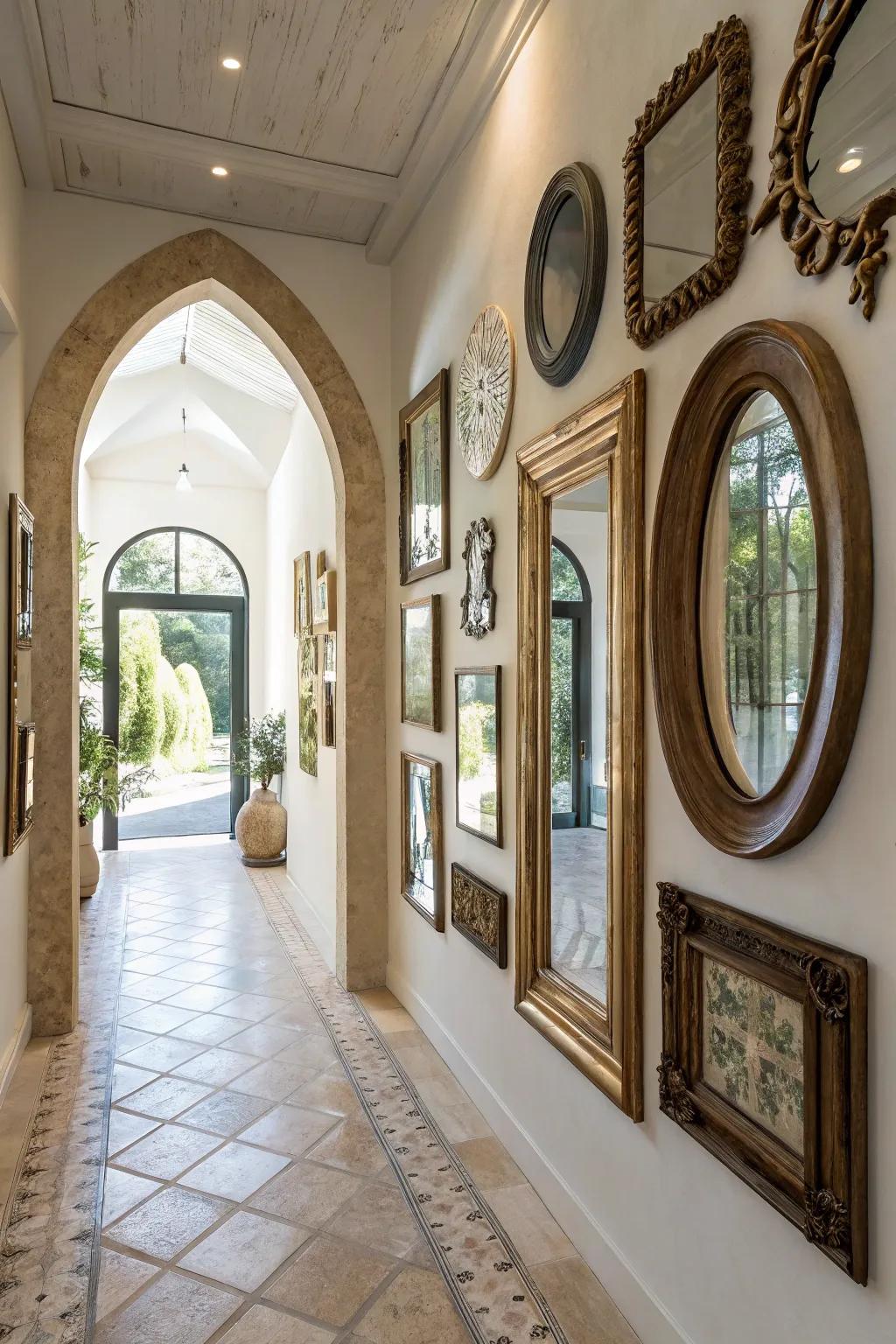 A mirror gallery wall makes a creative and reflective point of focus in the entrance.
