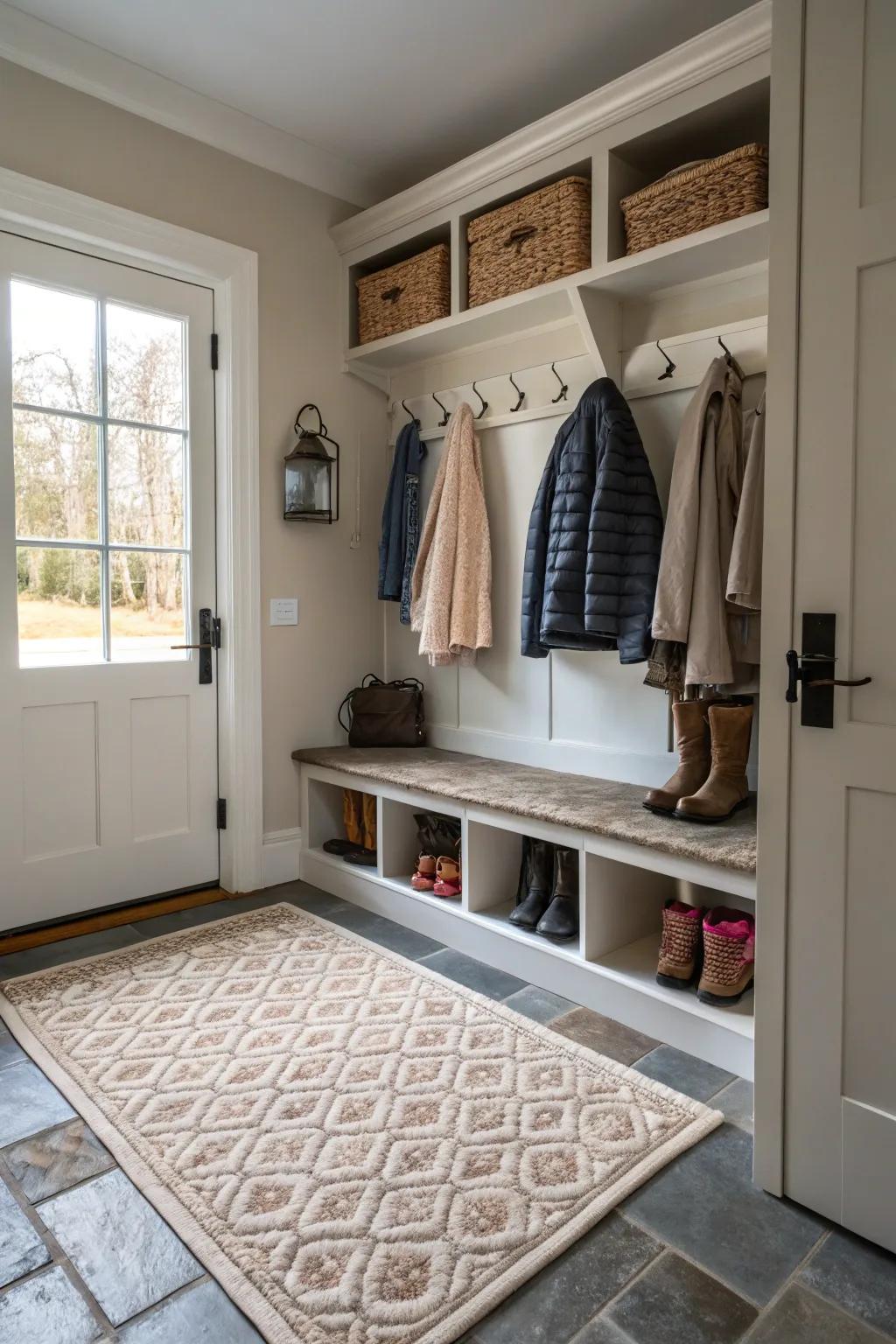 This mudroom has comfort and style thanks to the inviting floor covering.