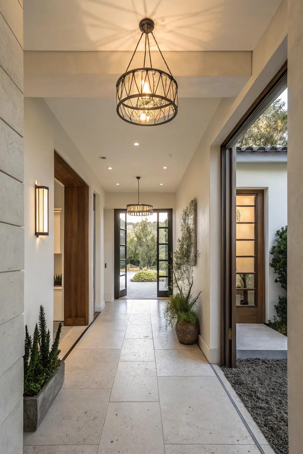 A minimalist entryway exhibits a straightforward lighting fixture to achieve an open and airy feeling.